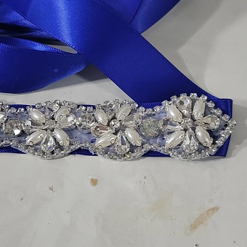 New royal blue with pearls & rhinestone crystals in sliver wedding dress Sash